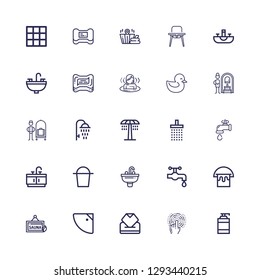 Editable 25 bath icons for web and mobile. Set of bath included icons line Shampoo, Tap, Wipes, Shower, Sauna, Bucket, Water tap, Sink, Bathroom, Bellhop, Russian banya on white background