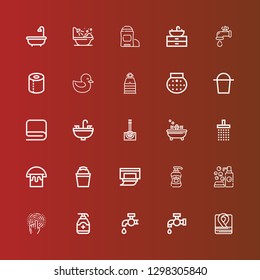 Editable 25 bath icons for web and mobile. Set of bath included icons line Robe, Tap, Gel, Cleaning, Shampoo, Wipes, Bucket, Shower, Bath, Toilet brush, Sink, Towel, Sauna on red