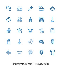 Editable 25 bath icons for web and mobile. Set of bath included icons line Towel, Hotel, Tap, Sink, Soap, Duck, Toilet brush, Shampoo, Toilet paper, Spa, Plunger on white background