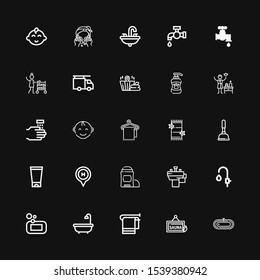 Editable 25 bath icons for web and mobile. Set of bath included icons line Bath, Sauna, Towel, Soap, Faucet, Basin, Deodorant, Hotel, Gel, Plunger, Baby boy on black background