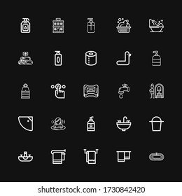 Editable 25 bath icons for web and mobile. Set of bath included icons line Bath, Towel, Sink, Bucket, Soap, Sauna, Shower, Russian banya, Water tap, Tap, Duck on black background