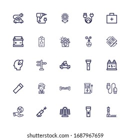 Editable 25 battery icons for web and mobile. Set of battery included icons line Solar panel, Flashlight, Laser pen, Ecologism, Usb cable, Charger, Hoverboard on white background
