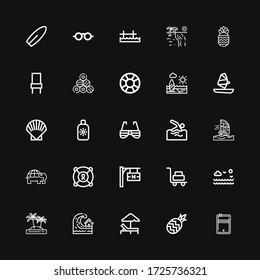 Editable 25 beach icons for web and mobile. Set of beach included icons line Pool, Pineapple, Sunbed, Tsunami, Island, Sea, Luggage, Hotel signal, Lifesaver on black background