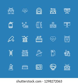 Editable 25 beat icons for web and mobile. Set of beat included icons line Drum, Electrocardiogram, Drums, Metronome, Pressure, Health, Cowbell, Cricket, Cardiogram on blue background