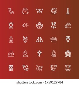 Editable 25 beautiful icons for web and mobile. Set of beautiful included icons line Boar, Kitty, Dragon, Dove, Ballet, Wig, Bust, Flower, Ballerina, Handbag, Flowers, Fern on red