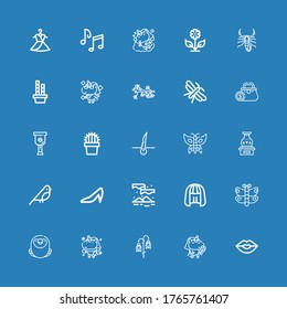 Editable 25 hermosos iconos para la web y el móvil. Conjunto de hermosos íconos incluidos línea Kiss, Unicorn, Flor, Macaw, Mariposa, Wig, Aurora, Tallos, Pájaro, Vase sobre fondo azul