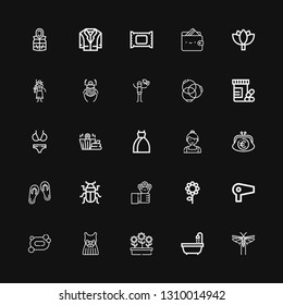 Editable 25 beauty icons for web and mobile. Set of beauty included icons line Locust, Bathtub, Flowers, Dress, Soap, Hair dryer, Flower, Beetle, Sandals, Purse on black background