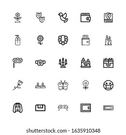 Editable 25 beauty icons for web and mobile. Set of beauty included icons line Bath, Wallet, Eye mask, Purse, Wig, Mask, Flower, Butterfly, Candles, Rose, Skin on white background