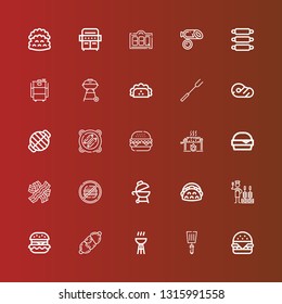 Editable 25 beef icons for web and mobile. Set of beef included icons line Hamburger, Spatula, Bbq, Sausage, Hamburguer, Churrasco, Taco, Grill, Junk food, Bacon, Roast on red