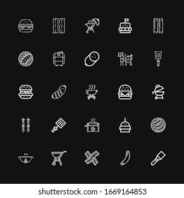 Editable 25 beef icons for web and mobile. Set of beef included icons line Spatula, Sausage, Bacon, Grill, Barbecue, Burger, Roast, Brochette, Hamburger, Hamburguer on black background