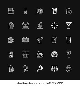 Editable 25 beer icons for web and mobile. Set of beer included icons line Cowboy, Beer, Bottle opener, Drink, Bottle cap, Beers, Ireland, Cocktail, Fast food on black background