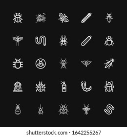 Editable 25 beetle icons for web and mobile. Set of beetle included icons line Worm, Bug, Ladybug, Beetle, Ant, Fleas, Caterpillar, Insecticide, Sphinx, Grasshopper on black background