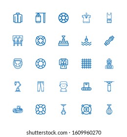 Editable 25 belt icons for web and mobile. Set of belt included icons line Boxing bag, Lifesaver, Industrial robot, Conveyor, Punching bag, Boxer, Jeans, Engineer on white background