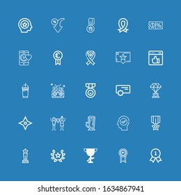 Editable 25 best icons for web and mobile. Set of best included icons line Quality, Medal, Trophy, Laurel, Success, Frappe, Triumph, Star, Reward, Competition on blue background