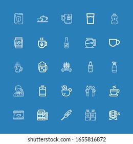 Editable 25 beverage icons for web and mobile. Set of beverage included icons line Beer, Alcoholic drink, Food, Canned food, Coffee, Toast, Coconut drink, Beer keg on blue background