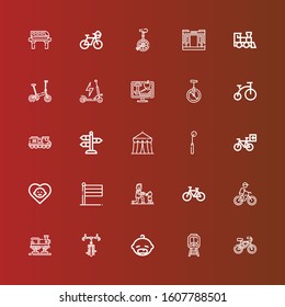 Editable 25 bicycle icons for web and mobile. Set of bicycle included icons line Bicycle, Train, Baby, Cycling, Fatherhood, Holland, Tracing wheel, Circus, Street, Bike on red