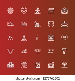 Editable 25 big icons for web and mobile. Set of big included icons line Circus, Taj mahal, Dark beer, Amusement park, Milan, Funnel, Whale, Shark, Buffalo, Hashtag, Web size on red