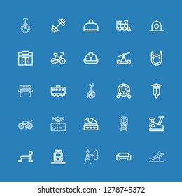 Editable 25 bike icons for web and mobile. Set of bike included icons line Fitness, Gym, Train, Bench press, Stationary bike, Jet ski, Bike, Vespa, Vehicle on blue background