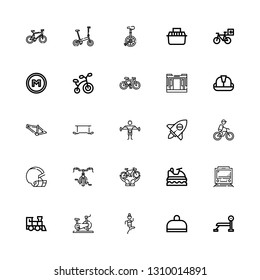 Editable 25 bike icons for web and mobile. Set of bike included icons line Bench press, Gym, Fitness, Stationary bike, Train, Jet ski, Bicycle, Helmet, Cycling on white background