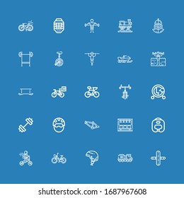 Editable 25 bike icons for web and mobile. Set of bike included icons line Gym, Train, Helmet, Bicycle, Bike, Boxing helmet, Subway, Bmx, Vehicle, Exercise on blue background