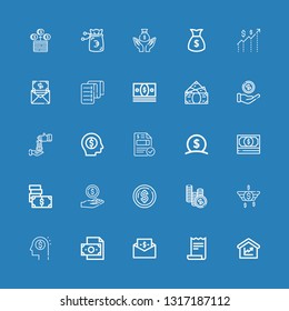 Editable 25 bill icons for web and mobile. Set of bill included icons line Amount, Receipt, Bill, Money, Invoice, Loan on blue background