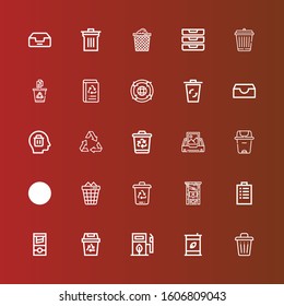 Editable 25 bin icons for web and mobile. Set of bin included icons line Trash, Eco fuel, Recycling, Guillotine, Padnote, Trash bin, Trash can, Inbox, Recycling Recycle on red