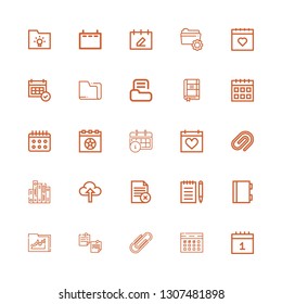 Editable 25 binder icons for web and mobile. Set of binder included icons line Calendar, Paper clip, Notepad, Folder, Notebook, Upload, Contact list on white background