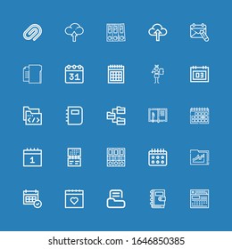 25 iconos editables para web y móvil. Conjunto de iconos incluidos línea Calendario, bloc de notas, carpeta, carpetas, carga, clip de papel sobre fondo azul