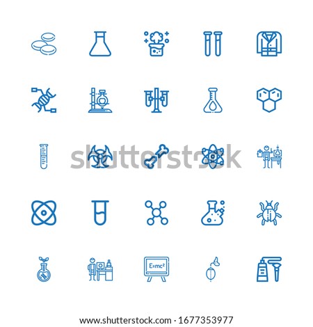 Editable 25 biology icons for web and mobile. Set of biology included icons line Tube, Breathing, Formula, Nanotechnology, Transgenics, Virus, Flask, Molecule on white background
