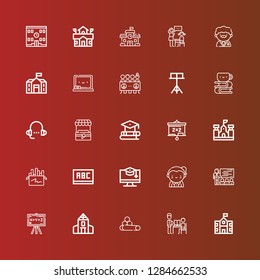 Editable 25 blackboard icons for web and mobile. Set of blackboard included icons line School, Teacher, Chalk, Chalkboard, Education, Blackboard, Stand, Lesson, Homework on red
