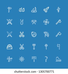 Editable 25 blade icons for web and mobile. Set of blade included icons line Ice skate, Scythe, Axe, Shuriken, Scissors, Mace, Razor, Saw, Fan, Circular saw on blue background