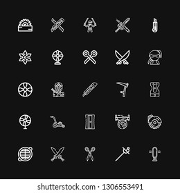 Editable 25 blade icons for web and mobile. Set of blade included icons line Fan, Sword, Scissors, Swords, Grate, Circular saw, Saw, Sharpener, Mower, Scythe on black background