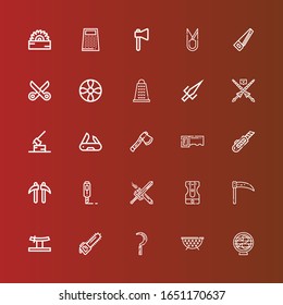 Editable 25 blade icons for web and mobile. Set of blade included icons line Fan, Grate, Scythe, Saw, Katana, Sharpener, Sword, Cutter, Kusarigama, Axe, Swiss army knife on red