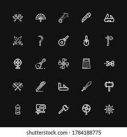 Editable 25 iconos blade para web y móvil. Conjunto de íconos de la hoja incluidos línea Shuriken, Fan, Ax, Fretsaw, Barbershop, Ax, Sword, Pencuchillo, Cutter, Axes, Tijeras sobre fondo negro