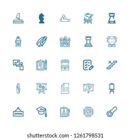Editable 25 board icons for web and mobile. Set of board included icons line Opener, Cpu, Medical history, Mortarboard, Open, Canvas, Presentation, Test, Surf board on white background