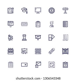 Editable 25 board icons for web and mobile. Set of board included icons line List, Processor, Erase, Fence, Skateboard, Presentation, Classroom, Domino, Chess on white background