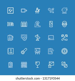 Editable 25 board icons for web and mobile. Set of board included icons line Skateboard, Erase, Fragile, Fence, Clipboard, Chip, Whiteboard, Opener, Agenda on blue background