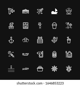 Editable 25 boat icons for web and mobile. Set of boat included icons line Lifeboat, Ship wheel, Transport, Boat, Underwater, Inflatable Dive, Parasailing on black background