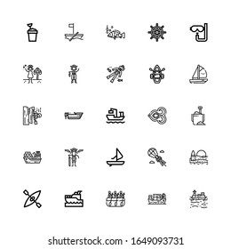 Editable 25 boat icons for web and mobile. Set of boat included icons line Boat, Cargo ship, Rafting, Yatch, Kayak, Beach, Parasailing, Windsurf, Pirates, Sand bucket on white background