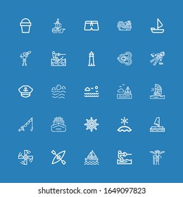 Editable 25 boat icons for web and mobile. Set of boat included icons line Pirates, Water ski, Sailboat, Kayak, Engine propeller, Windsurf, Beach, Ship wheel on blue background