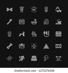 Editable 25 body icons for web and mobile. Set of body included icons line Weightlifting, Ray, Dumbbell, Running, Makeup remover, Chakra, Body, Spiritual, Bone on black background