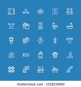 Editable 25 body icons for web and mobile. Set of body included icons line d printing pen, Bath, Woman, Dumbbell, Golfer, Tshirt, Shampoo, Sauna, Dancer, Toilet on blue background
