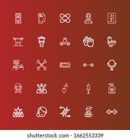 Editable 25 body icons for web and mobile. Set of body included icons line Dumbbell, Woman, Dna, Mass, Shampoo, Mannequin, Breathing, Yoga, Mirror, Barbell, Bath, Bones on red