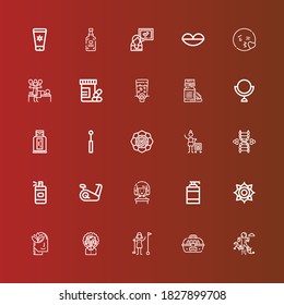 Editable 25 body icons for web and mobile. Set of body included icons line Jumping, Cage, Golfer, Woman, Relax, Chakra, Shampoo, Stationary bike, Spray bottle, Dna, Spiritual on red