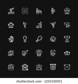 Editable 25 bone icons for web and mobile. Set of bone included icons line Hamster, Jolly roger, Veterinary, Dog house, Dog, Pirate hat, Pet, Chicken leg, Fried chicken on black background