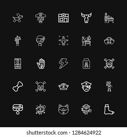 Editable 25 bone icons for web and mobile. Set of bone included icons line Broken leg, Dog, Collar, Pirate, Pirate hat, Skull, Bone, Poison, Ray, Radiography on black background