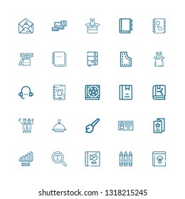 Editable 25 book icons for web and mobile. Set of book included icons line Guide book, Crayon, Album, Font, Xylophone, Flyer, Diploma, Art, Cover, Graduation on white background