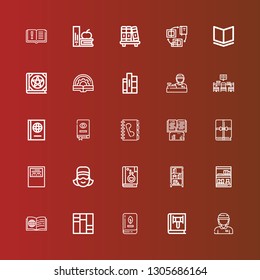 Editable 25 bookstore icons for web and mobile. Set of bookstore included icons line Cashier, Book, Bookcase, Workbook, Phone book, Library, Bookshelf on red