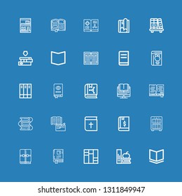 Editable 25 bookstore icons for web and mobile. Set of bookstore included icons line Book, Books, Bookcase, Bible, Bookshelf, Magazine on blue background