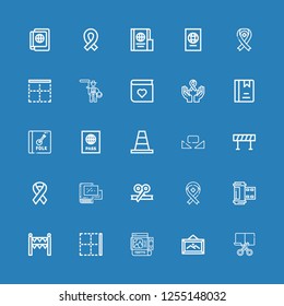 Editable 25 border icons for web and mobile. Set of border included icons line Cut, Frame, Border, Gate, Photo film, Ribbon, Album, Barricade, Custome, Cone on blue background